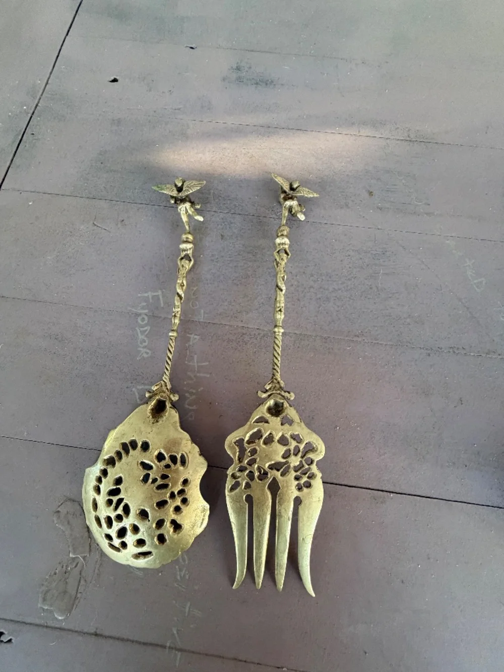 Montagnani Italy Ornate Brass Serving Fork and Spoon Set Vintage
